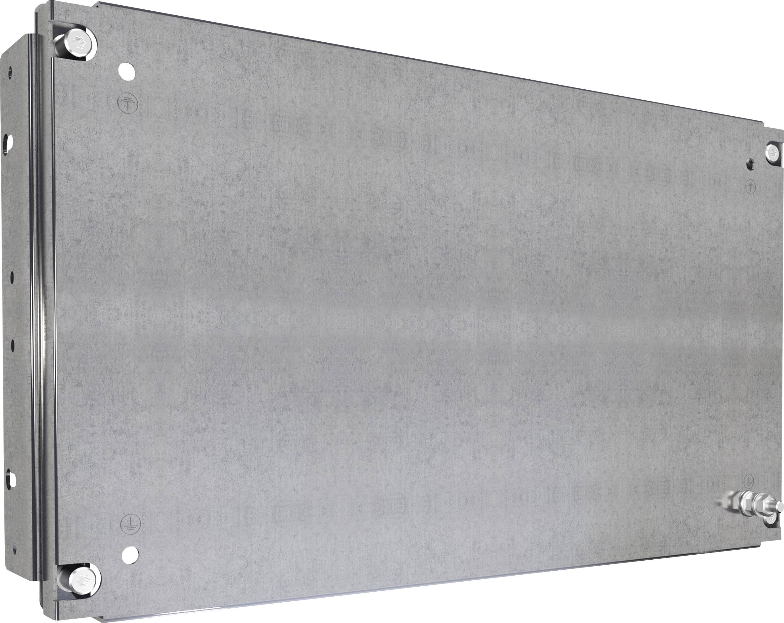 Un composant rectangulaire gris métallique avec plusieurs vis dans le coin inférieur droit, probablement un couvercle de boîtier.
