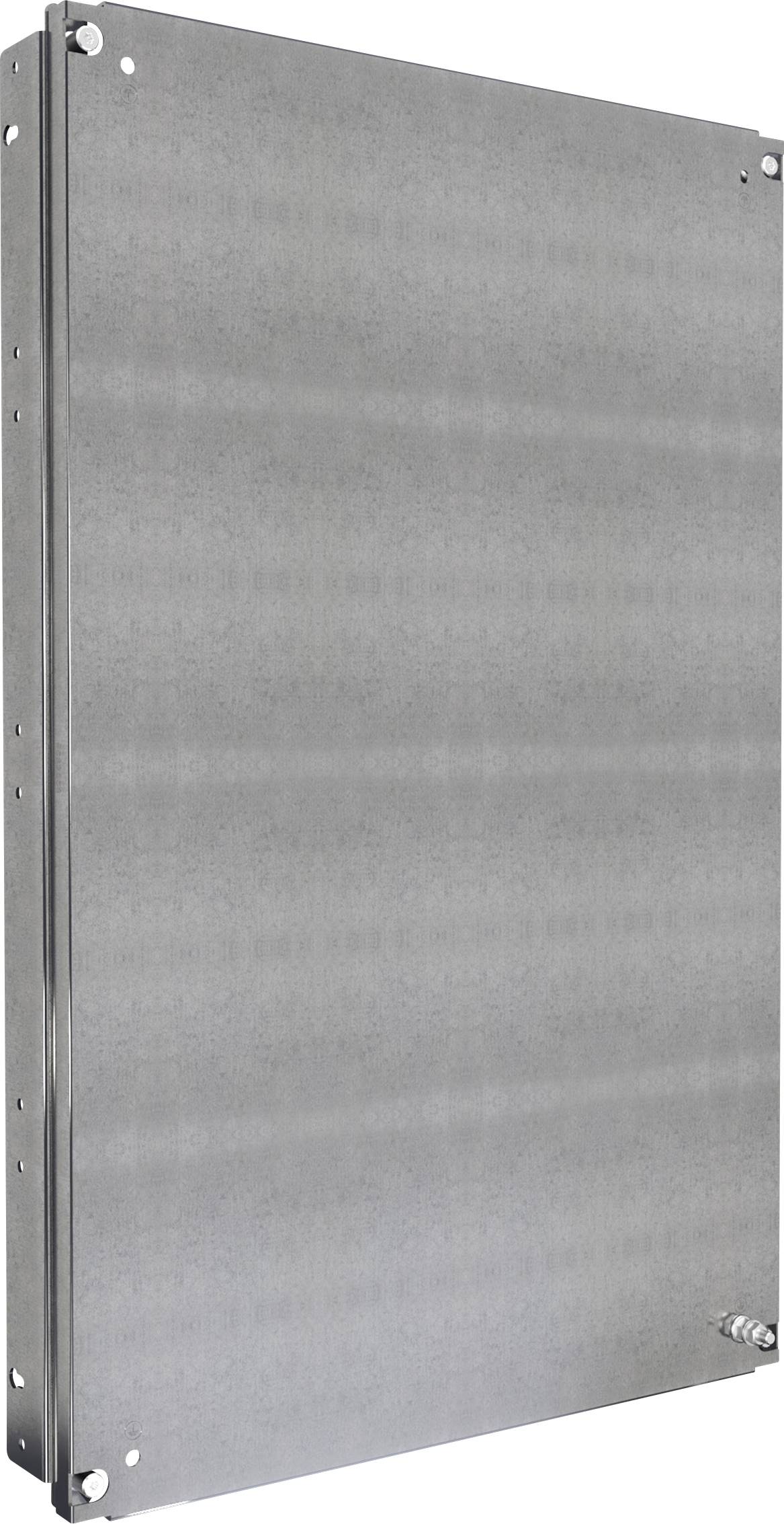 Boîte métallique rectangulaire, vue de côté, en acier inoxydable ou en aluminium, avec des vis apparentes aux angles.