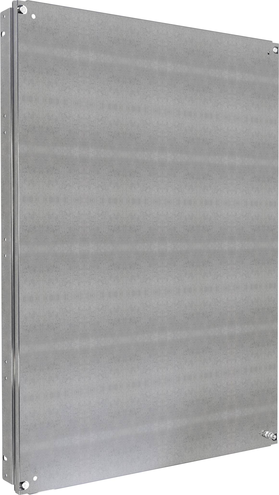 Une plaque métallique grise rectangulaire, probablement utilisée comme composant ou élément de revêtement, avec des vis visibles aux coins.