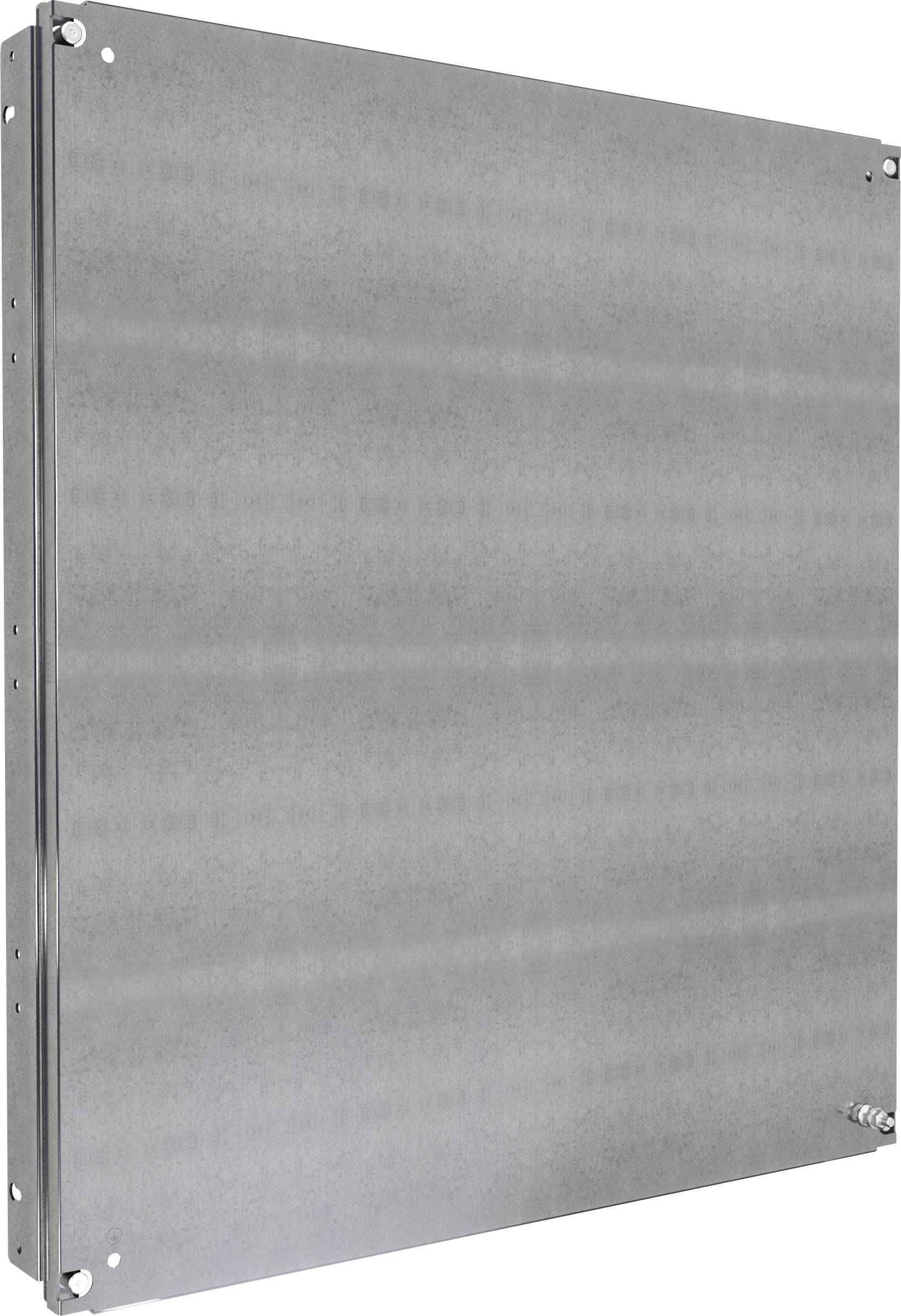 Un boîtier métallique rectangulaire argenté avec des vis aux coins et un petit raccord dans le coin inférieur droit.