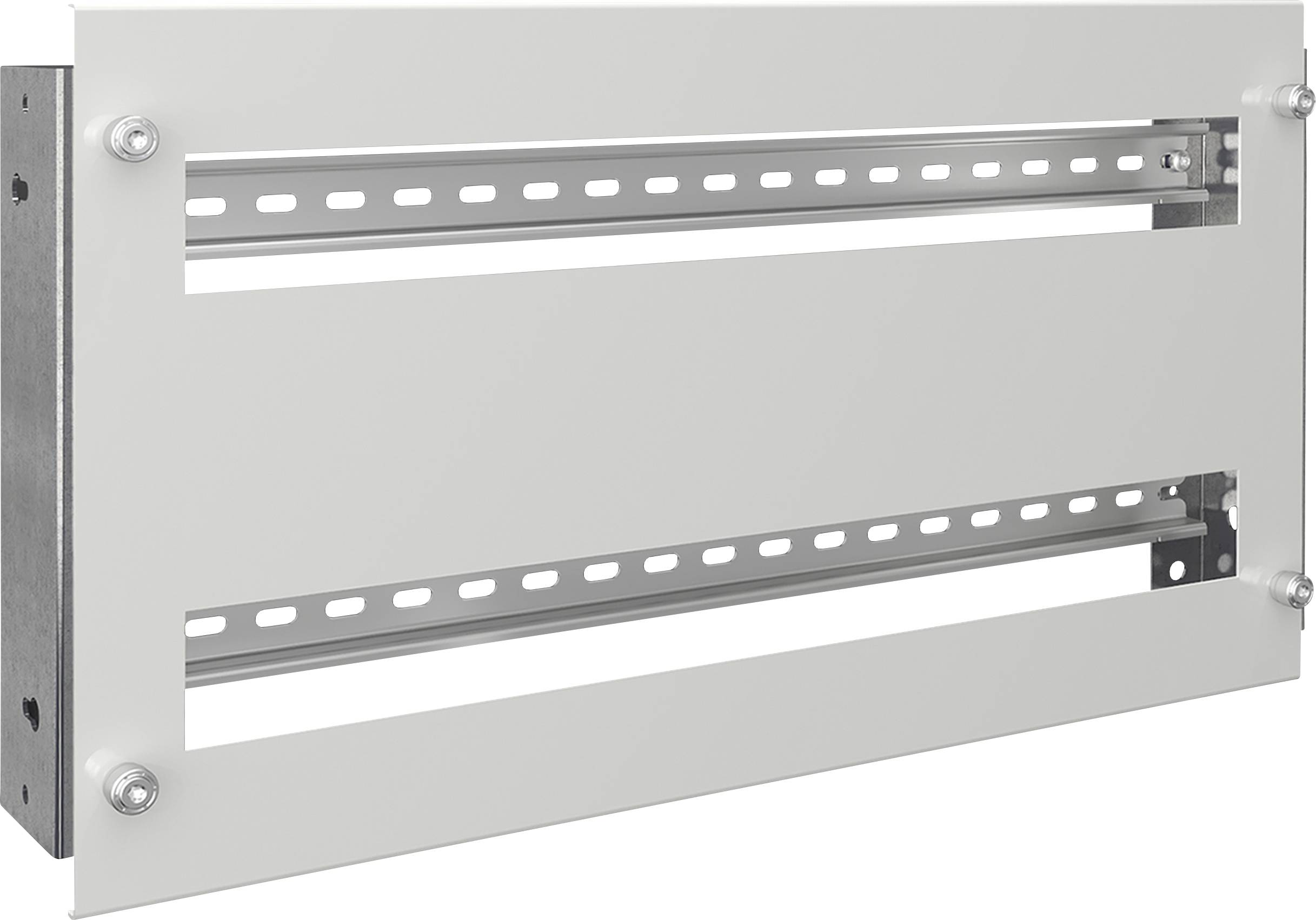 Cadre métallique pour boîtier encastrable avec deux rails horizontaux et quatre vis de fixation dans les coins.