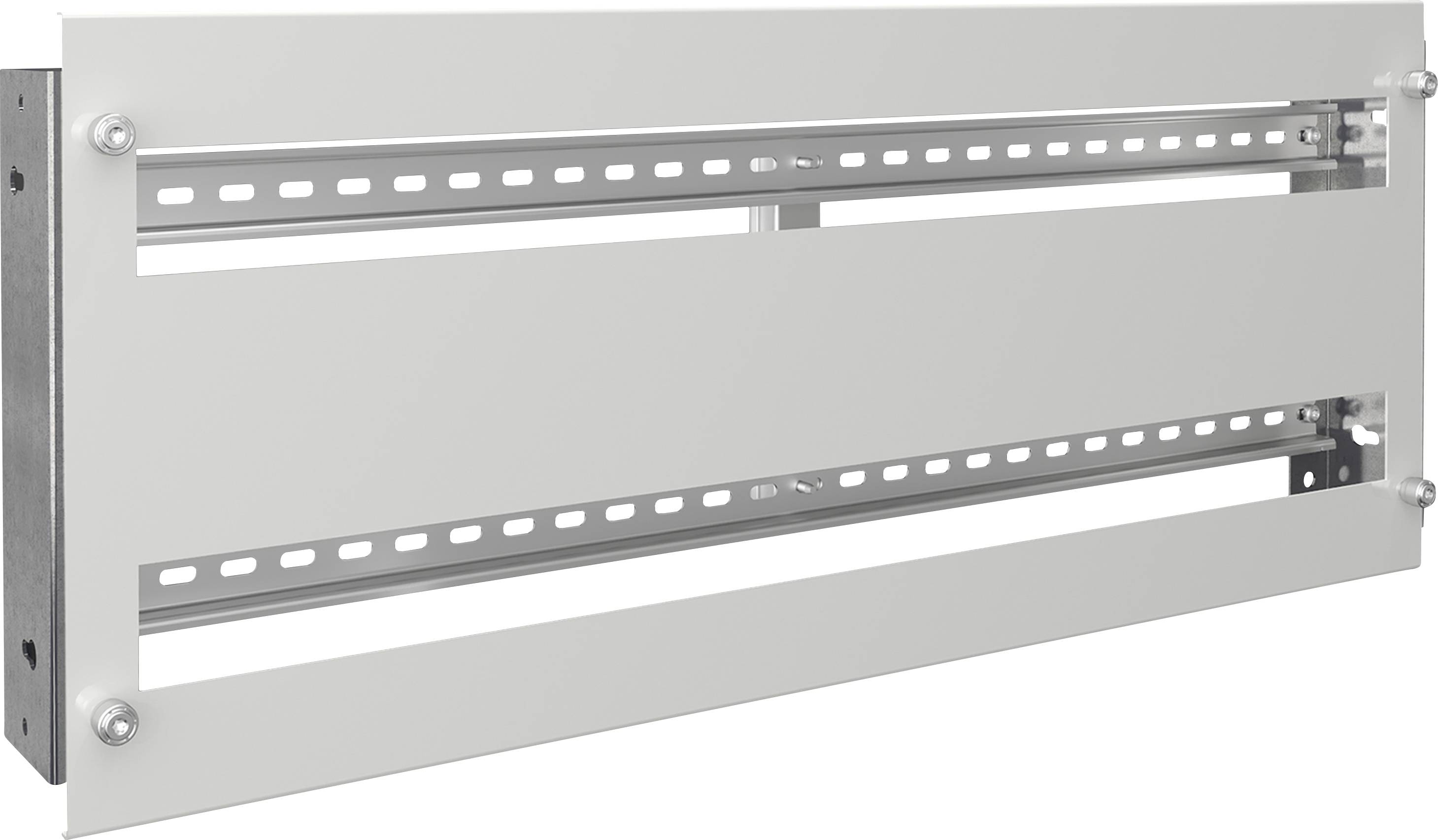 Châssis métallique pour montage mural, équipé de rails métalliques horizontaux destinés à la fixation d'appareils ou de composants.