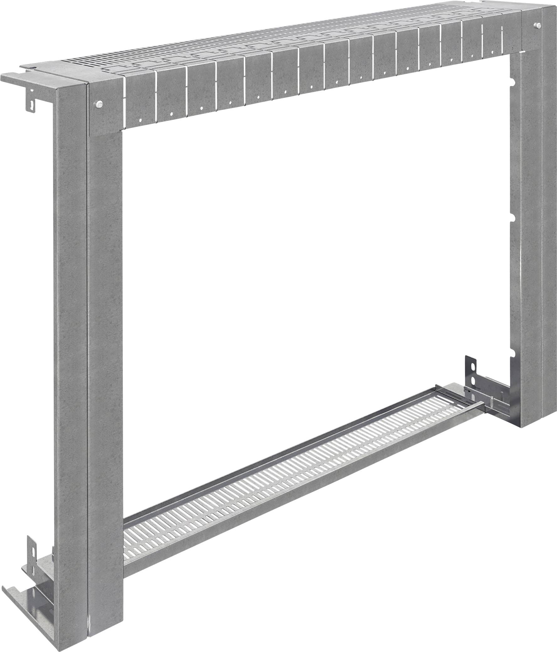 Un cadre rectangulaire vide en métal avec des fentes visibles sur les bords supérieur et inférieur, probablement destiné à la gestion des câbles.