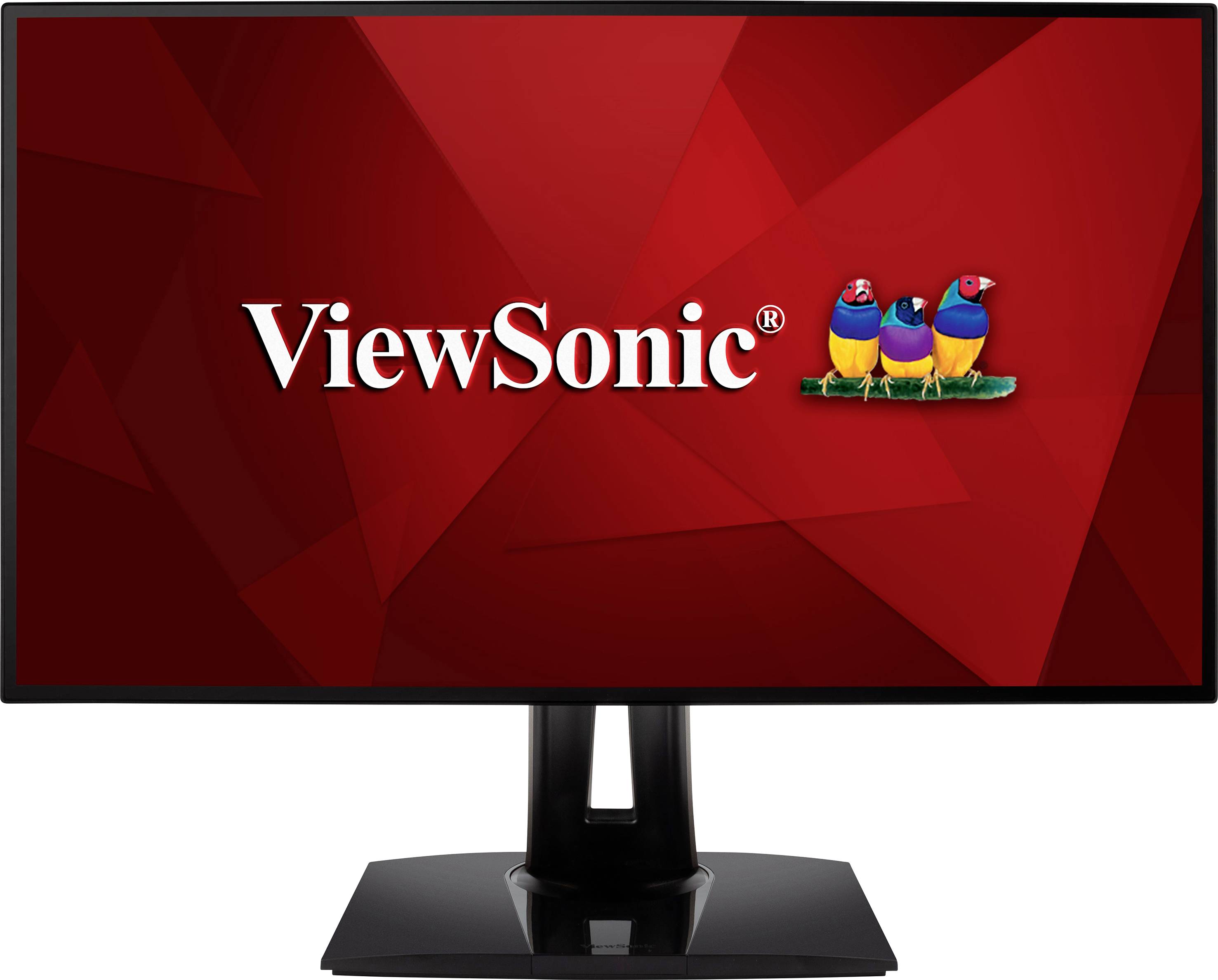 Un moniteur d'ordinateur affiche le logo 'ViewSonic' sur un fond géométrique rouge. Trois oiseaux colorés sont représentés à droite.