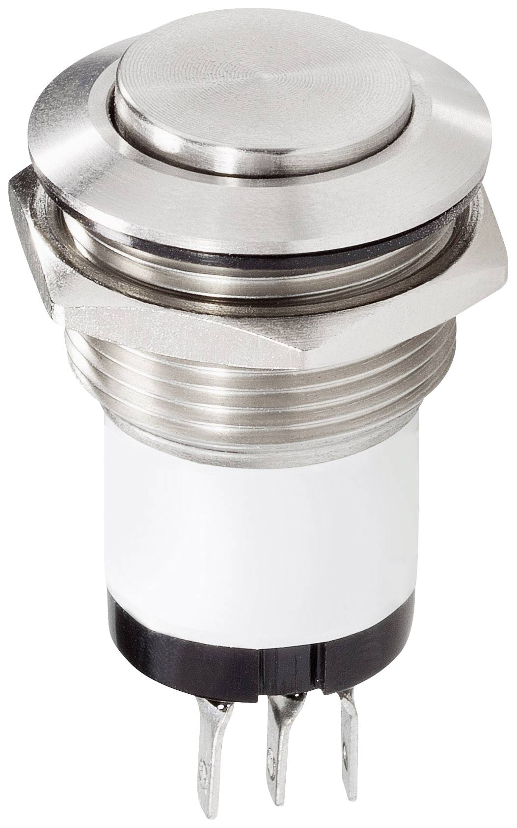 Un bouton-poussoir métallique fileté, adapté aux connexions électriques, représenté sur un fond blanc.