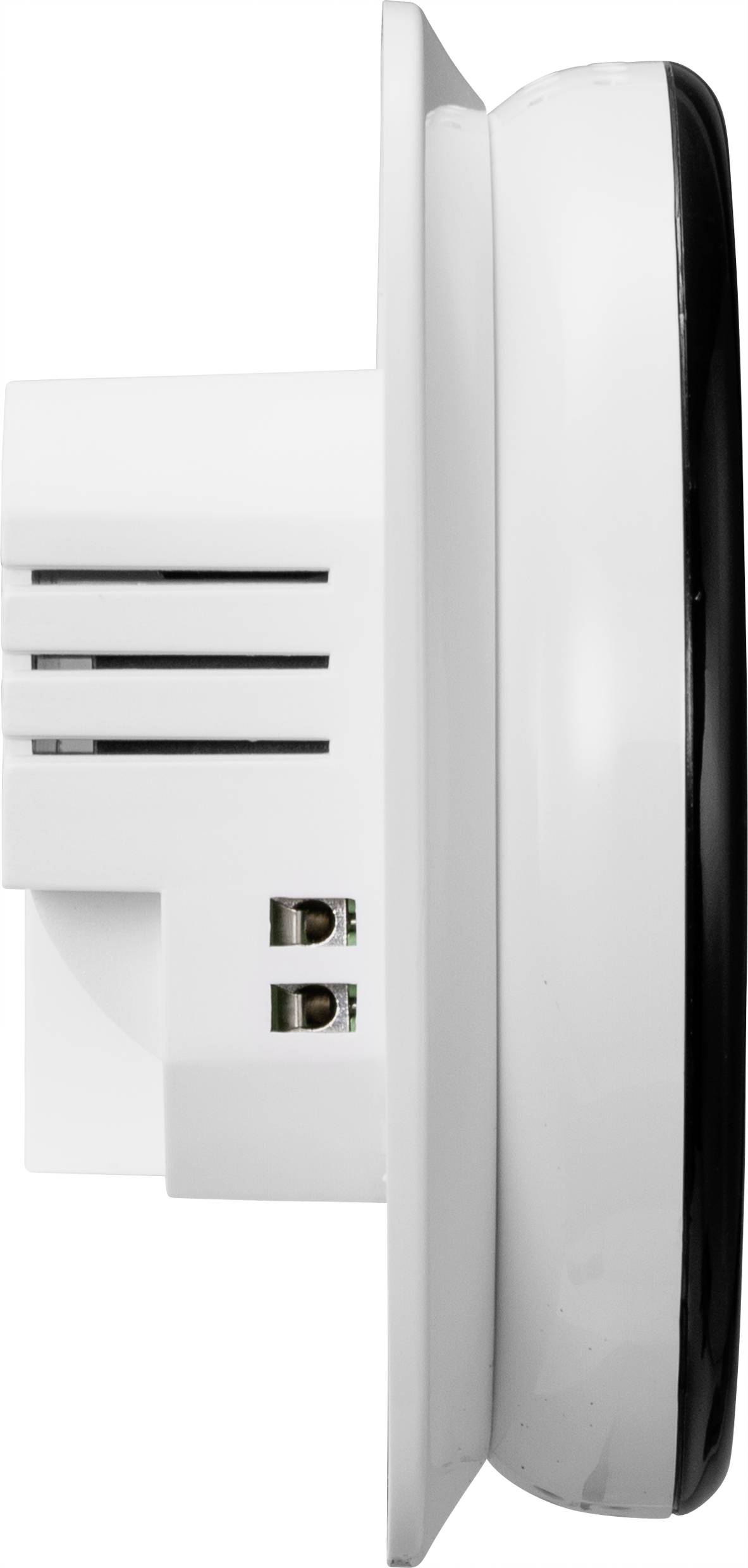 Vue latérale d'un détecteur de fumée circulaire avec un boîtier blanc. Il présente des ouvertures de ventilation et des connexions électriques.