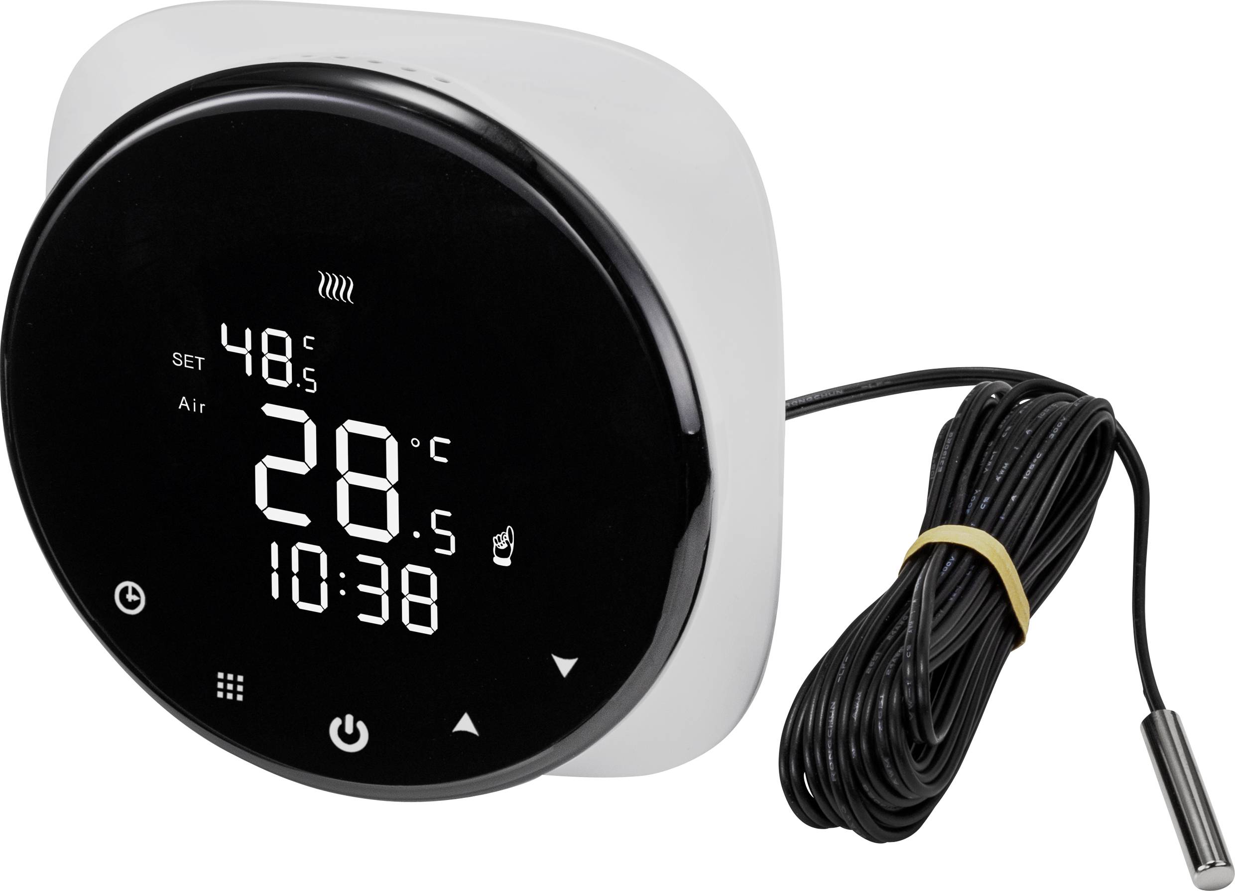 Thermostat numérique avec écran noir affichant '48°C Consigne', '28,5°C Air', et l'heure '10:38', accompagné d'un câble de capteur.