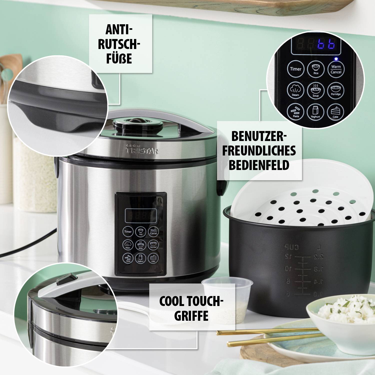 Tristar RK-6138 Cuiseur vapeur avec écran, fonction cuiseur de riz, revêtement anti-adhésif, avec verre doseur, fonction minuteur