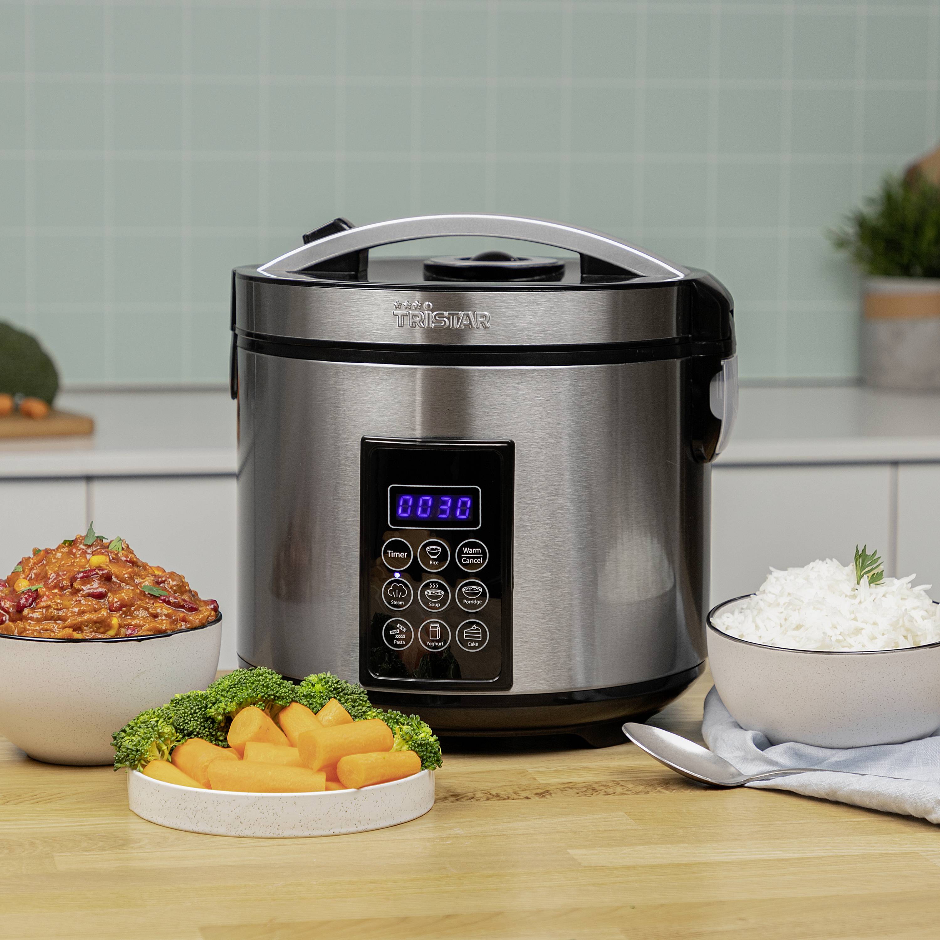 Tristar RK-6138 Cuiseur vapeur avec écran, fonction cuiseur de riz, revêtement anti-adhésif, avec verre doseur, fonction minuteur