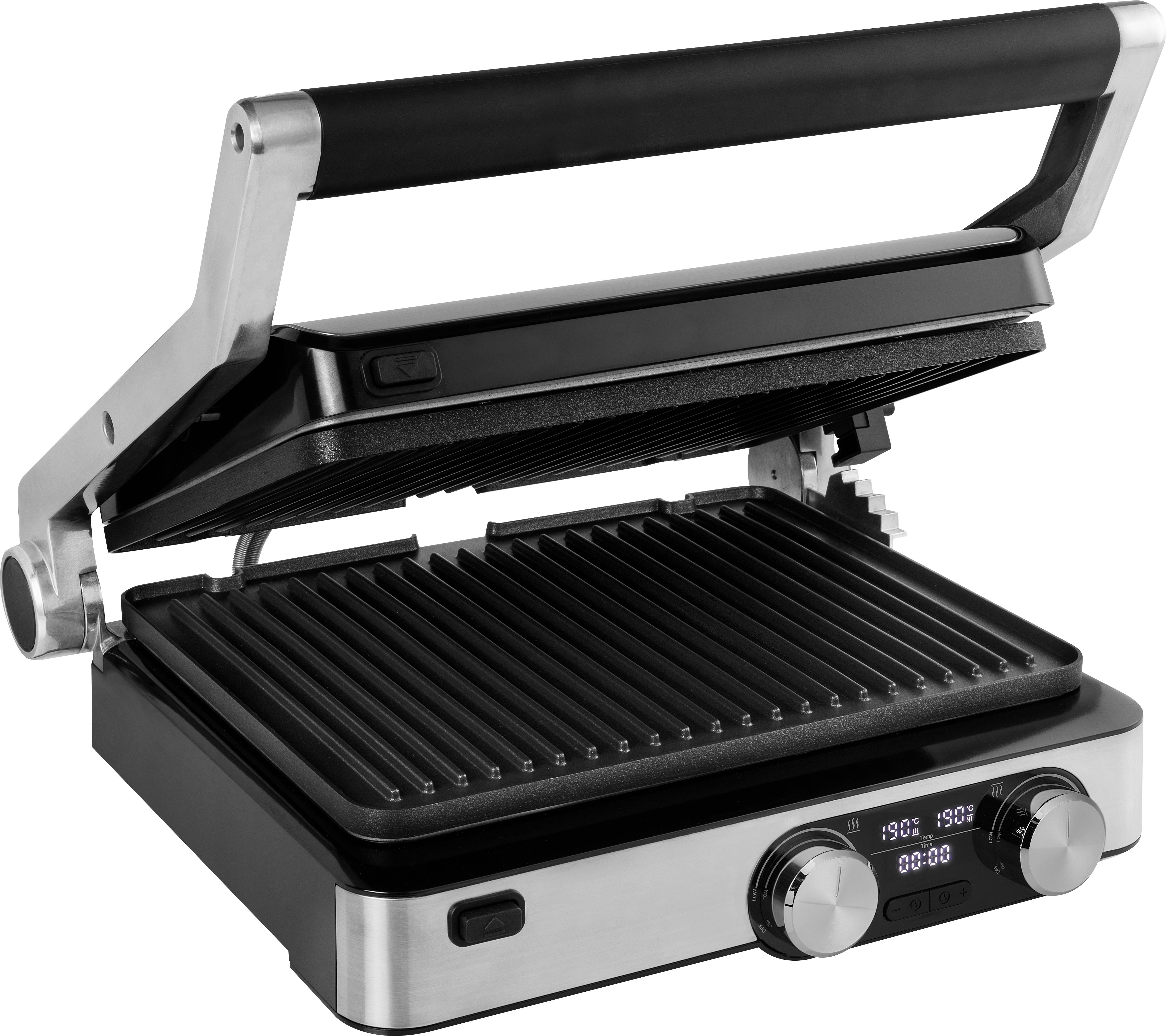 Grill de contact électrique avec couvercle ouvert, plaques de cuisson striées et un affichage numérique pour les réglages de température.