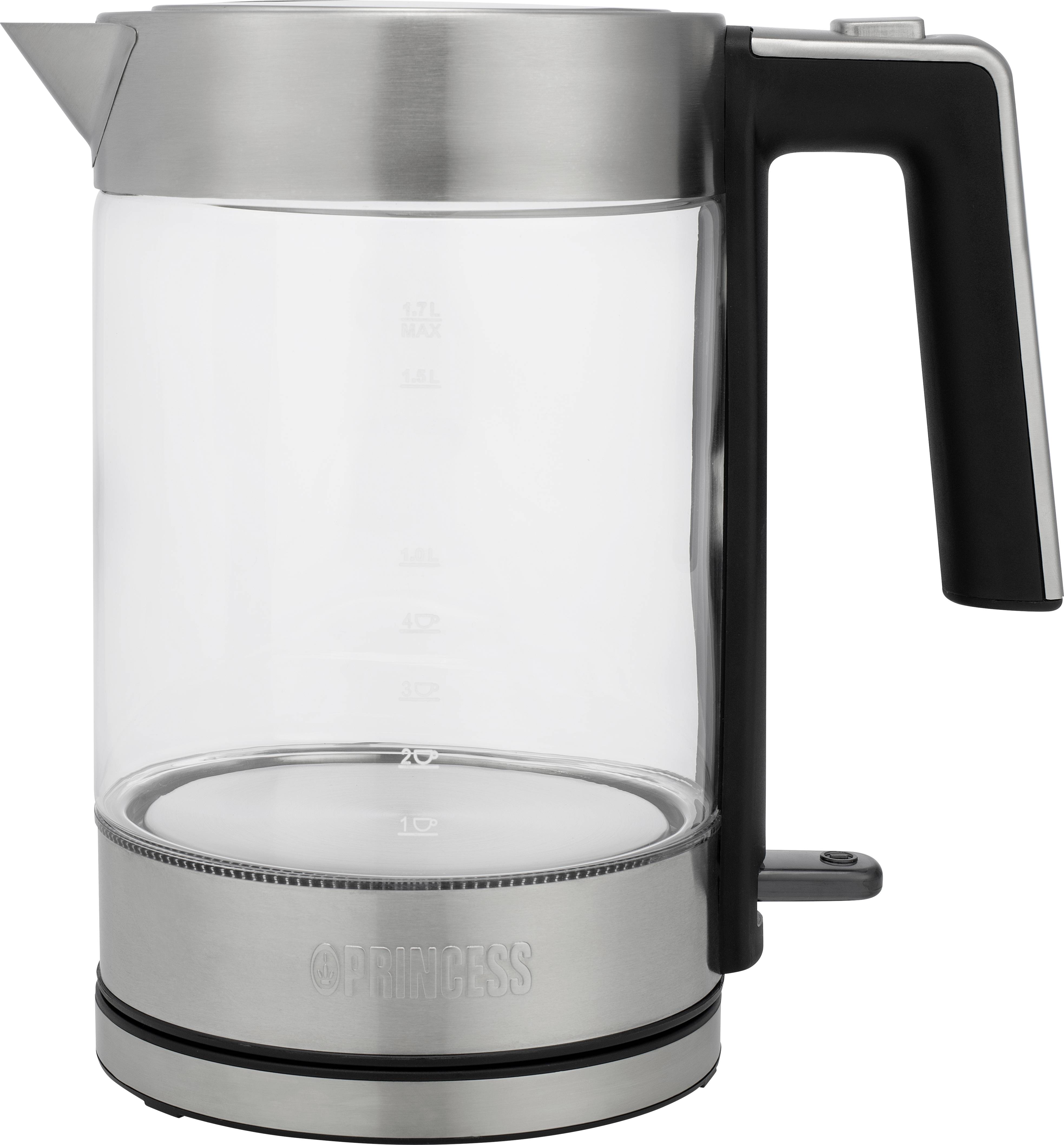 Une bouilloire transparente en verre et acier inoxydable avec une poignée noire ; dotée d'un indicateur de niveau d'eau et d'une base argentée.