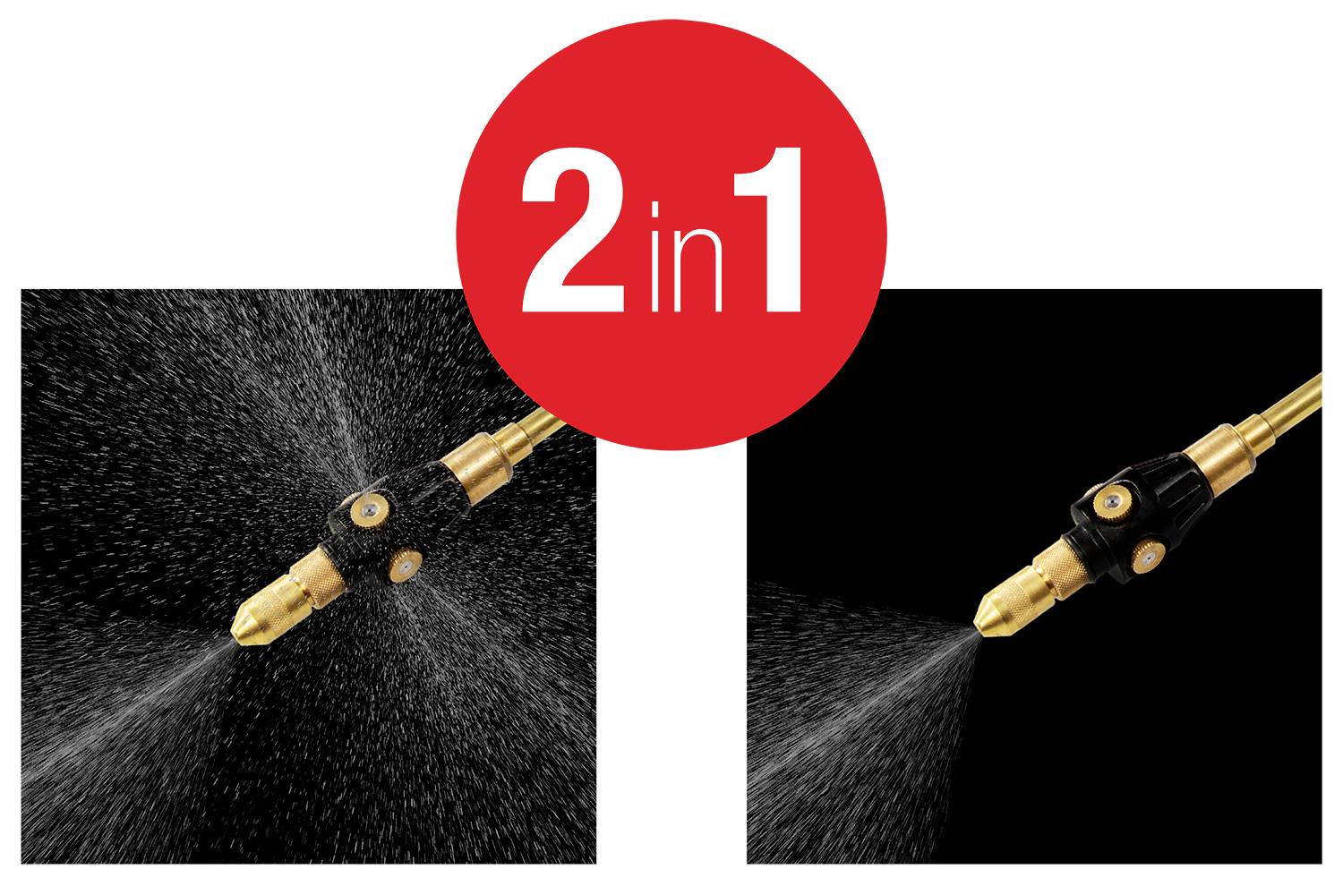 Le jet pulvérise l'eau selon deux modes : à gauche brume, à droite jet. Cercle rouge avec 