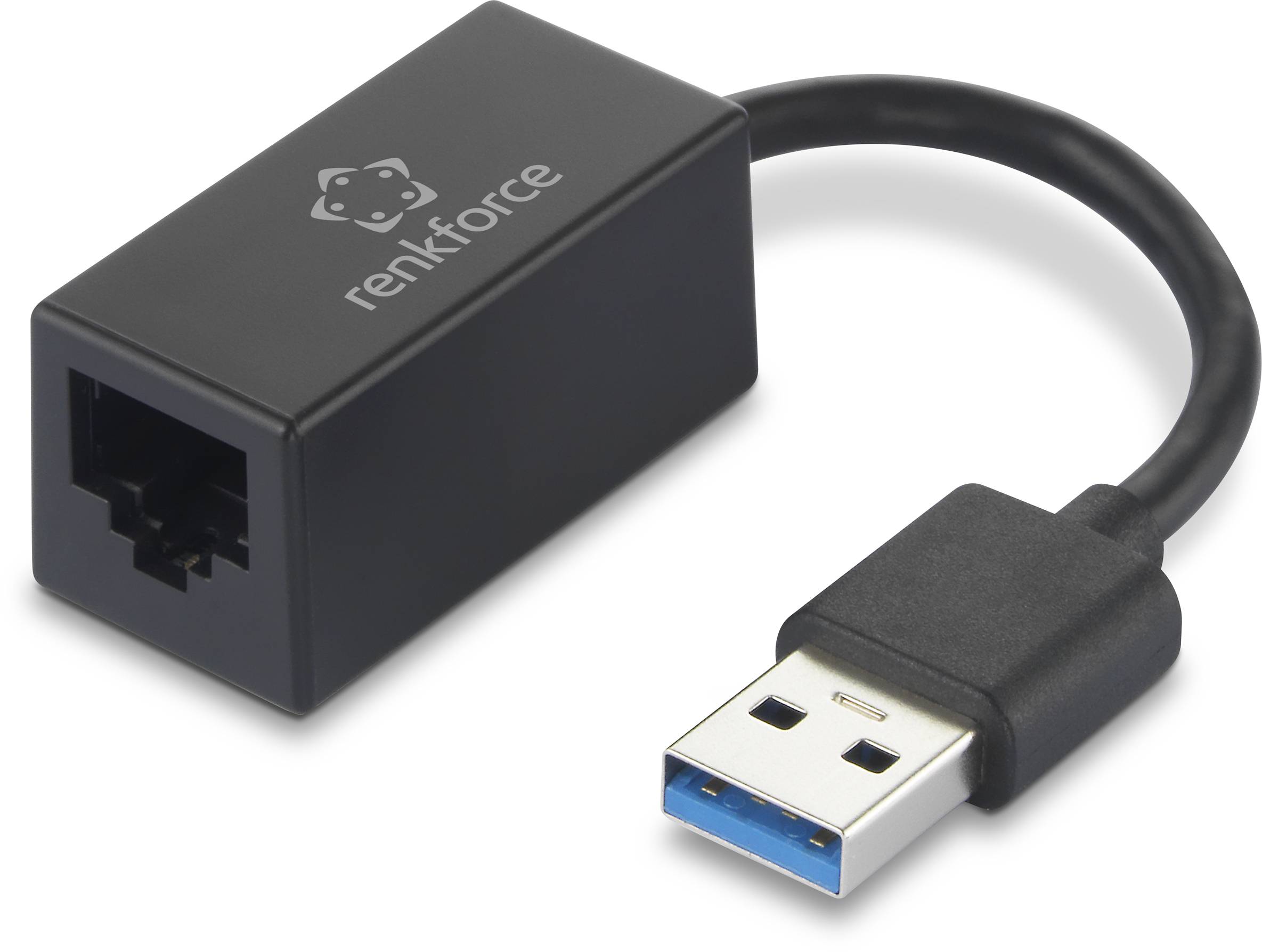 Adaptateur réseau USB 2.0 vers RJ45 noir de renkforce, avec un port Ethernet et une connexion USB mâle, adapté aux connexions réseau.
