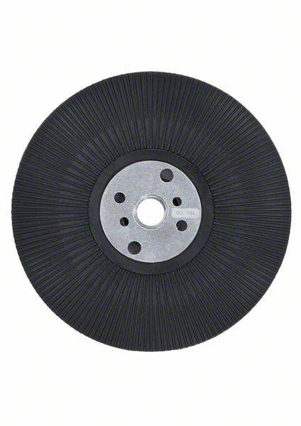 Un disque de ponçage noir avec un centre en métal et cinq trous répartis uniformément au milieu, sur un fond blanc.
