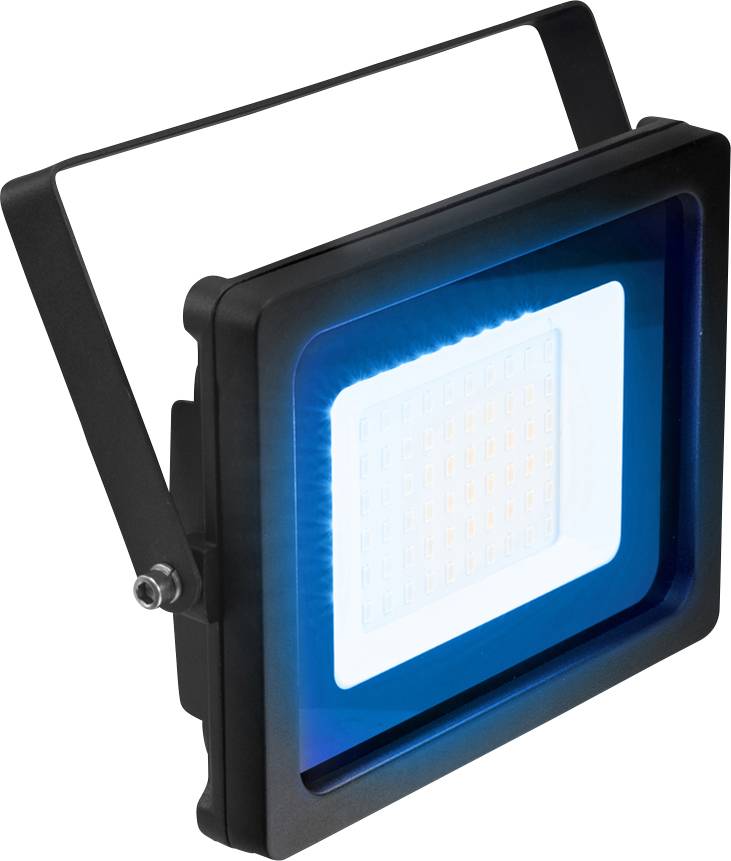 Un projecteur LED avec cadre noir et éclairage bleu, montable avec un support de fixation réglable, adapté aux applications extérieures.