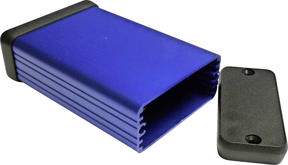 Boîtier rectangulaire bleu, ressemblant à un boîtier de disque dur externe, avec son couvercle noir retiré posé à côté.