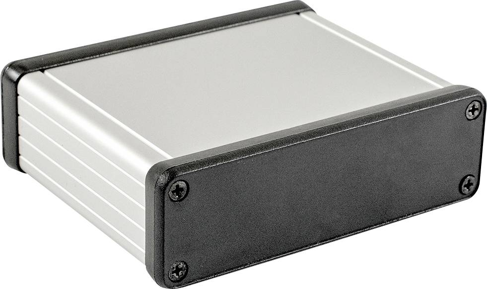 Un boîtier métallique rectangulaire avec un avant noir et des bords. Convient au montage de composants électroniques.