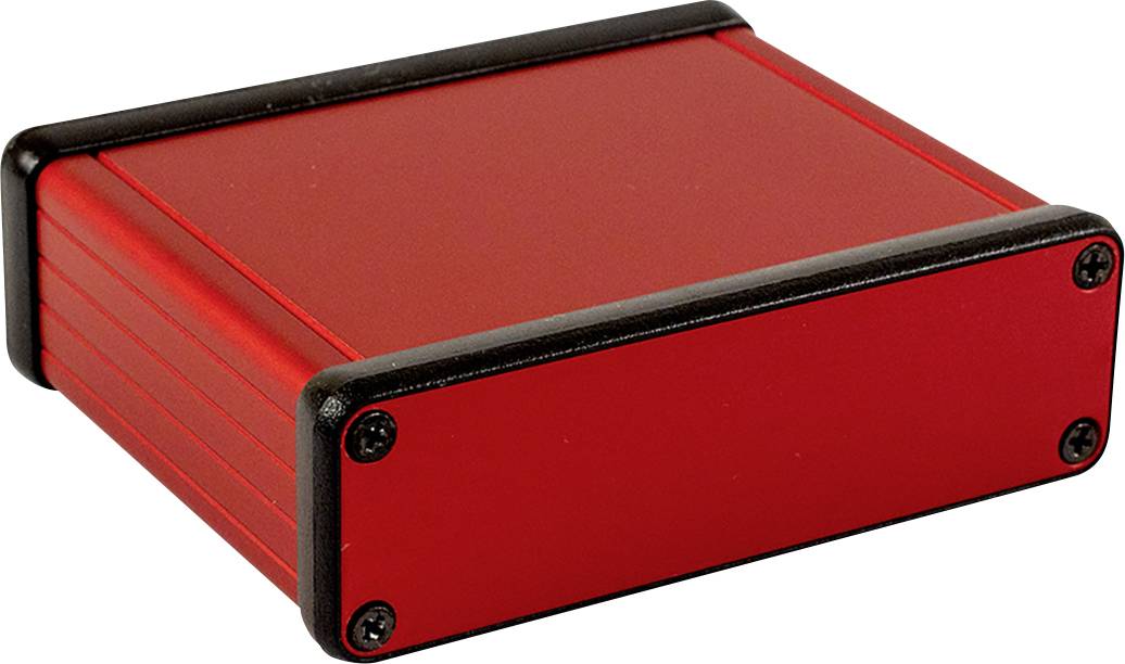 Boîtier électronique rouge, rectangulaire, avec des coins et des vis noirs, sur fond blanc.