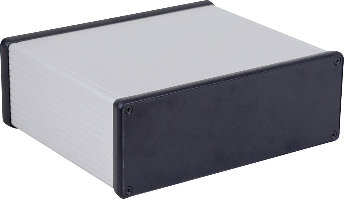 Un boîtier électronique rectangulaire en argent avec un avant noir et des coins arrondis.