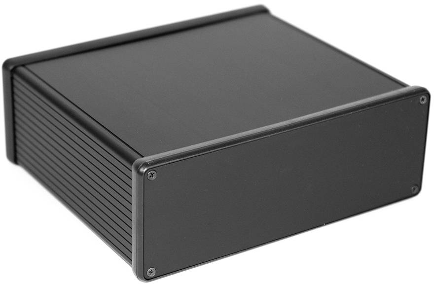 Boîtier métallique noir, rectangulaire, avec des coins vissés, typique des appareils électroniques ou des boîtes de projet.