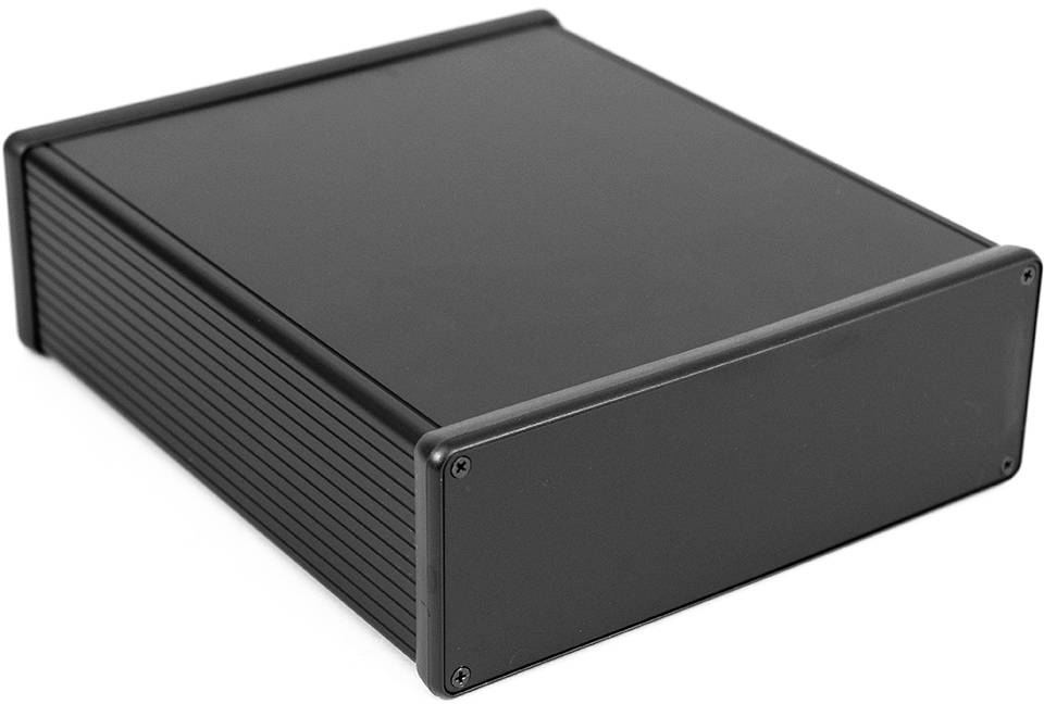 Un boîtier métallique noir rectangulaire, probablement destiné à des appareils électroniques, avec des coins arrondis et des vis sur les côtés.
