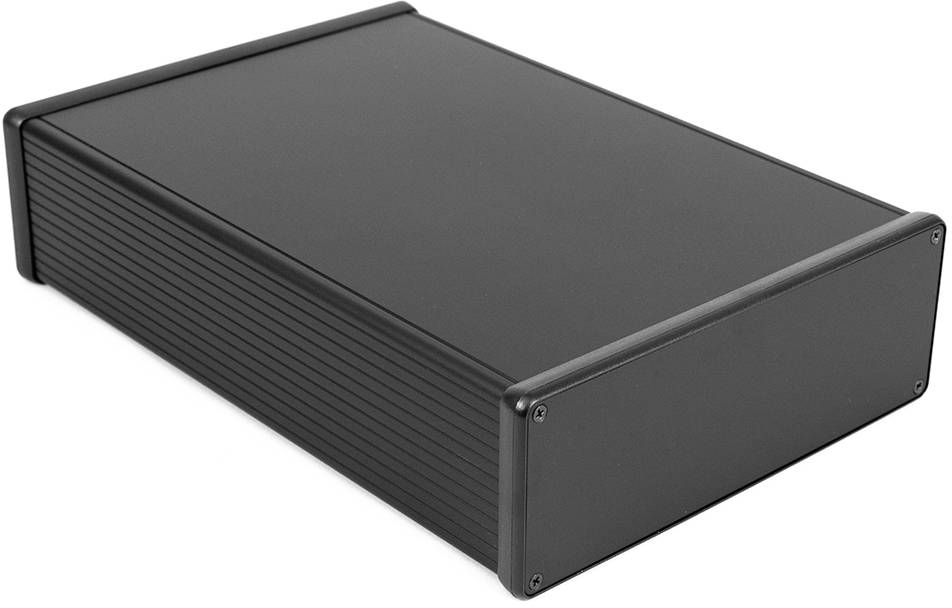 Boîtier noir en aluminium, rectangulaire, pour appareils électroniques. Robuste et au design moderne, adapté à diverses applications.