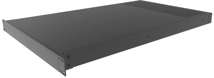 Un cadre métallique noir plat pour étagère de rack, avec une grille de ventilation sur le dessus. Adapté aux baies de serveurs informatiques.