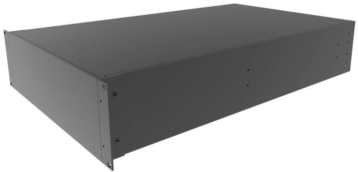 Boîte électronique rectangulaire noir et gris, probablement un boîtier de serveur.