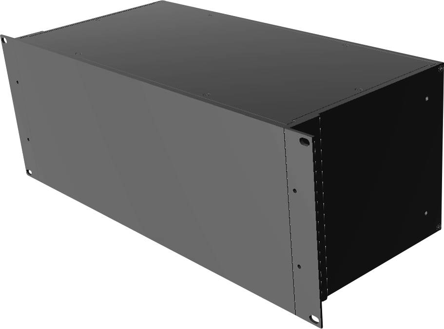 Un boîtier rectangulaire noir en métal, probablement utilisé comme boîtier pour des équipements électroniques ou des serveurs en rack.