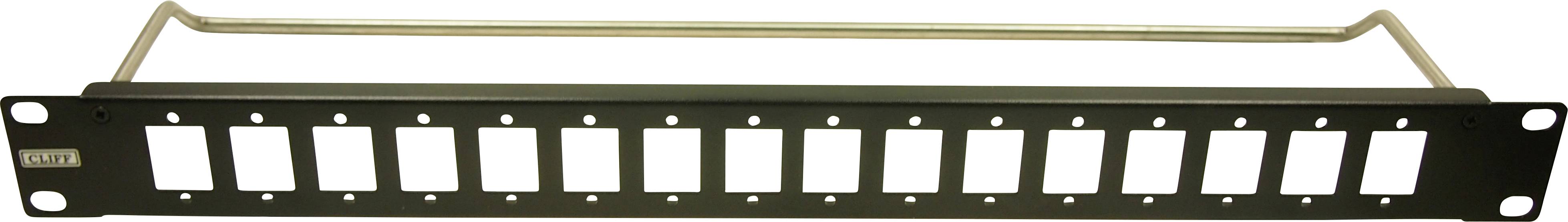 Un panneau de rack métallique noir doté de 12 ouvertures rectangulaires destinées à accueillir des modules, muni d'une poignée fixée en haut.