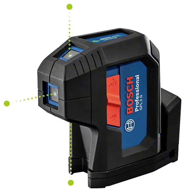 Un outil de nivellement laser professionnel Bosch avec des boutons rouges et verts pour l'utilisation, servant à aligner des objets avec précision, affichant des faisceaux laser.
