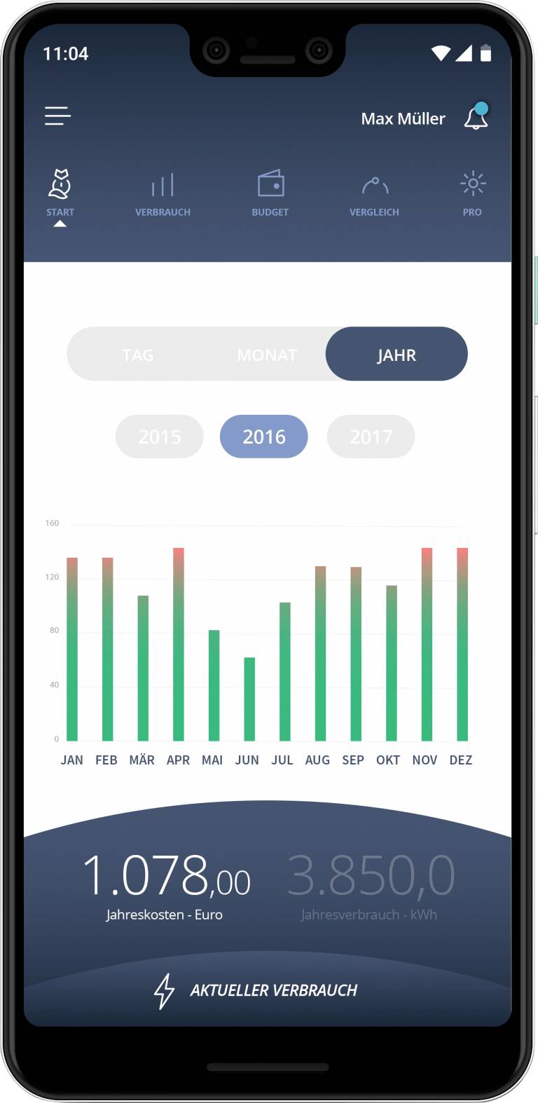 Écran de smartphone avec un diagramme de consommation d'énergie. Le graphique à barres montre la consommation mensuelle pour 2016. Coût maximal : 1 078 euros.