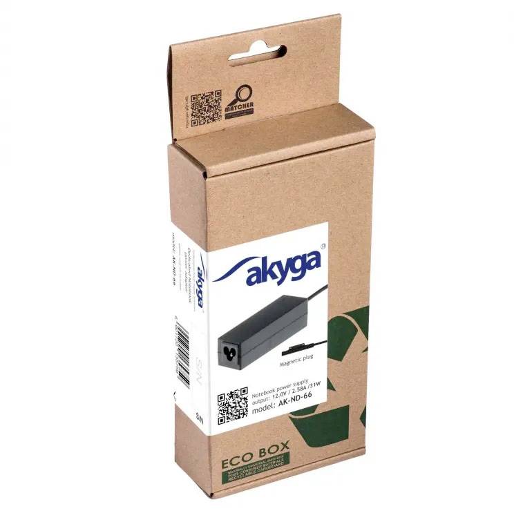 Emballage d'un bloc d'alimentation Akyga, modèle AK-ND-66. Emballage en carton écologique avec symbole de recyclage et codes QR.