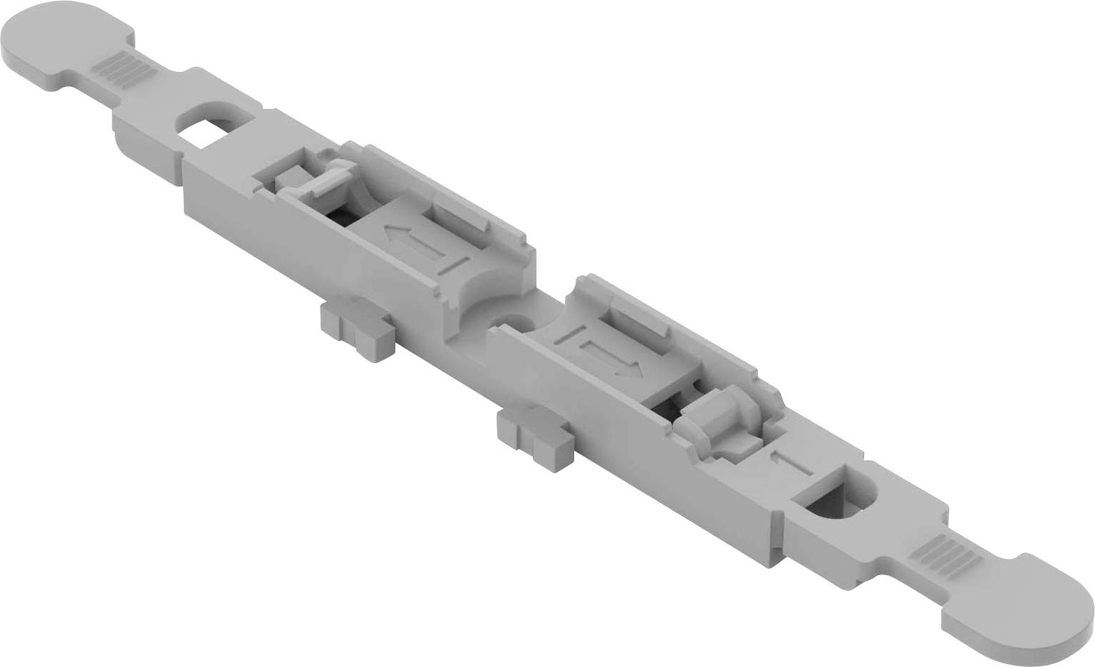Pièce en plastique grise, oblongue, présentant plusieurs rainures et reliefs, probablement conçue comme élément de connexion ou support.