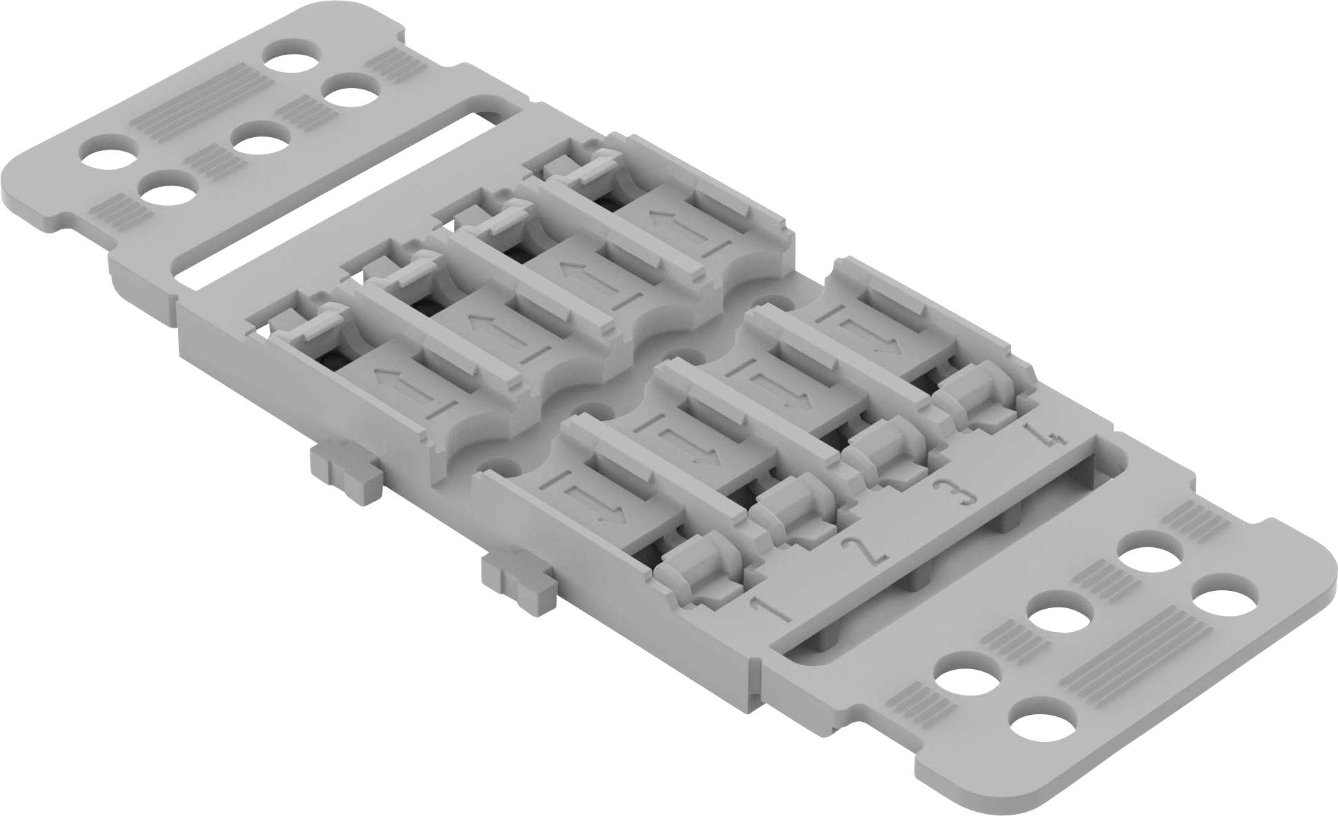 Pièce grise en plastique comportant six emplacements numérotés ; probablement un module de raccordement ou de montage électrique.