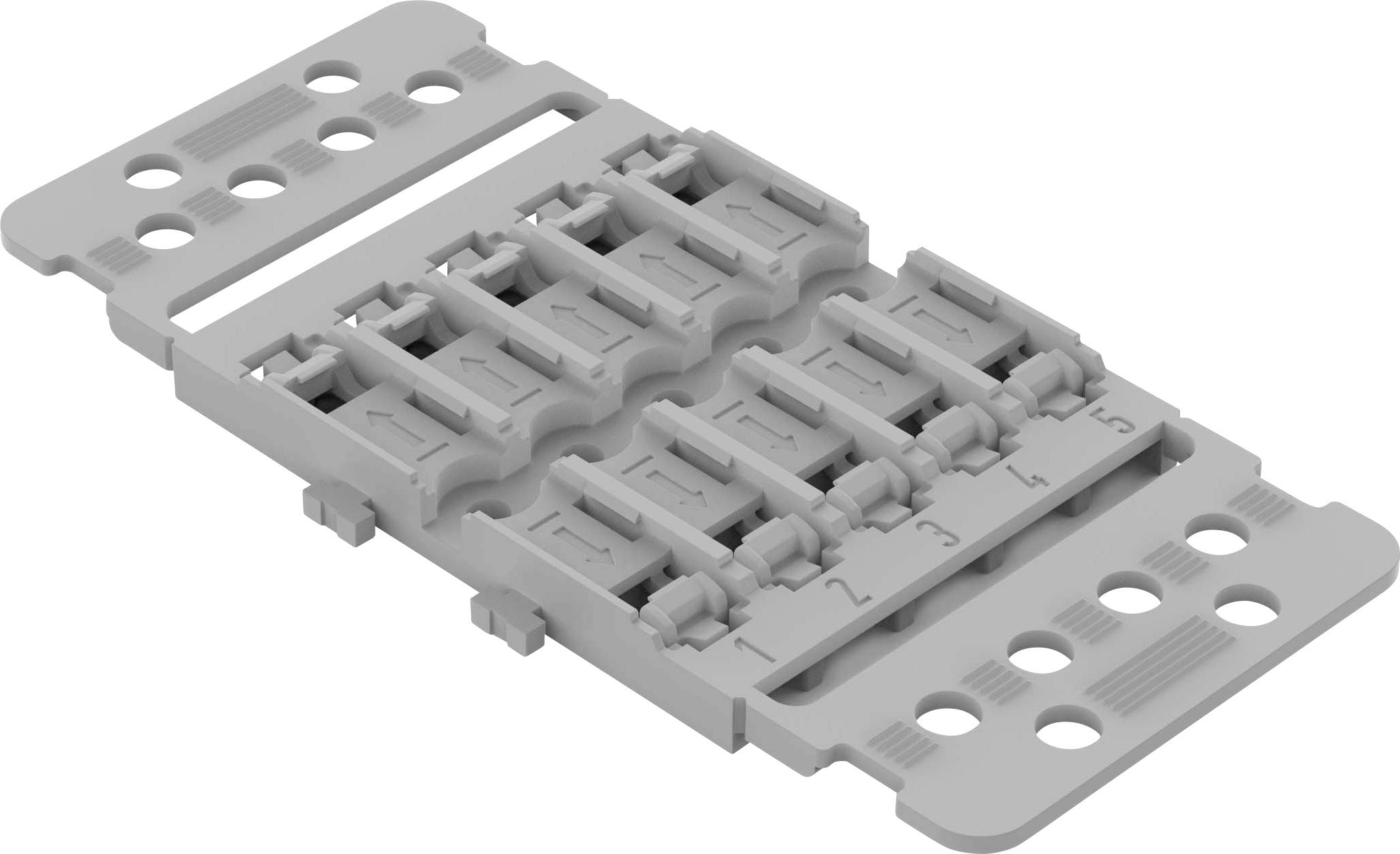 Pièce de plastique grise avec plusieurs clips incurvés disposés en deux rangées sur une plaque rectangulaire.