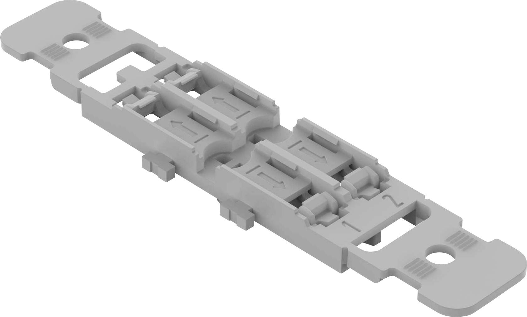 Pièce en plastique grise représentant un connecteur mécanique rapide ou un adaptateur, avec différentes encoches et supports.