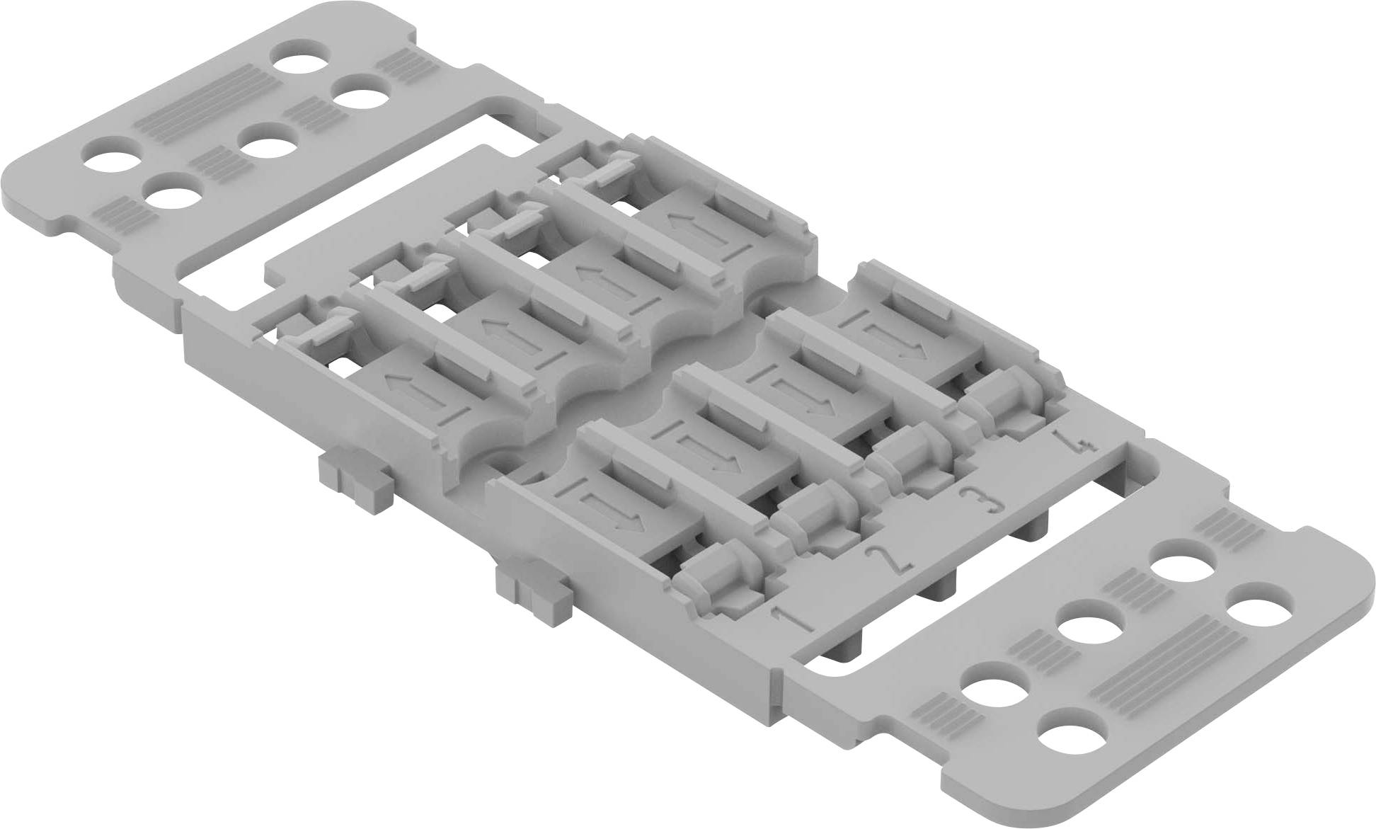 Module gris, rectangulaire et plastique, doté de six interrupteurs numérotés sur sa surface supérieure, encadré de trous symétriques.