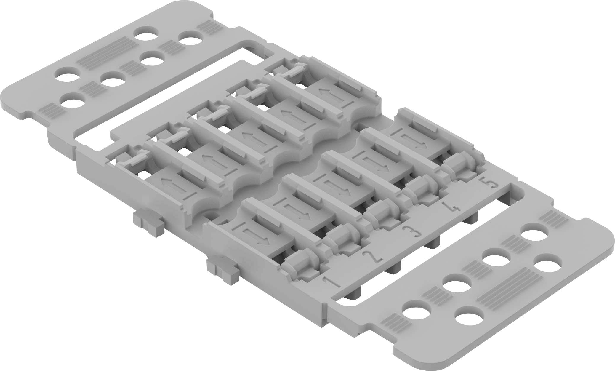 Pièce en plastique grise avec six clips numérotés disposés en deux rangées pour la gestion de câbles ou des fixations.