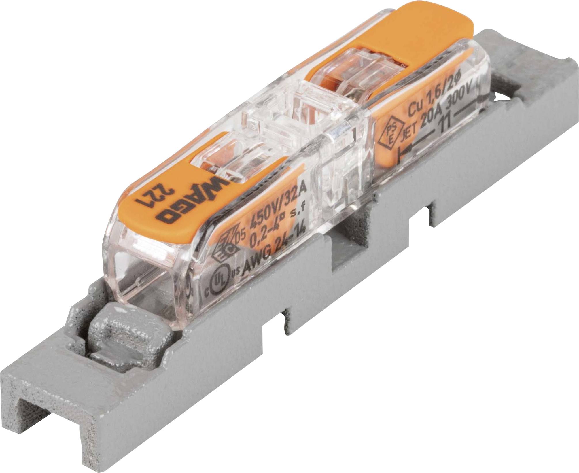 Connecteur électrique avec base grise et bornier transparent, levier orange, portant l'inscription 'WAGO 221', pour connexions de câbles.