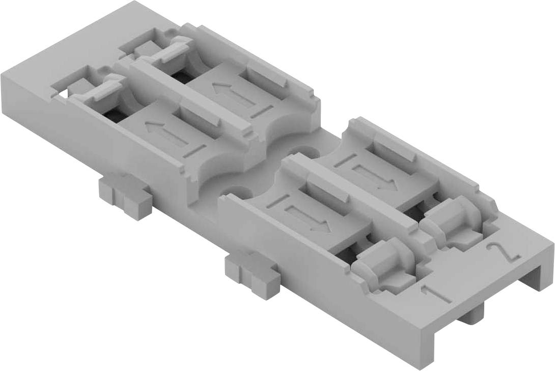 Adaptateur en plastique gris rectangulaire avec des verrouillages mécaniques et deux emplacements marqués, identifiés par '1' et '2'.