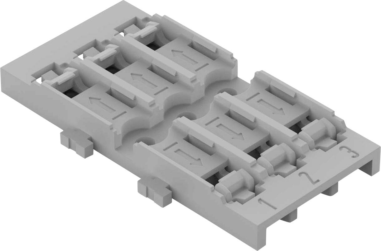 Pièce de construction en plastique grise avec des emplacements numérotés 1, 2, 3 et des marquages fléchés, probablement un connecteur électrique.