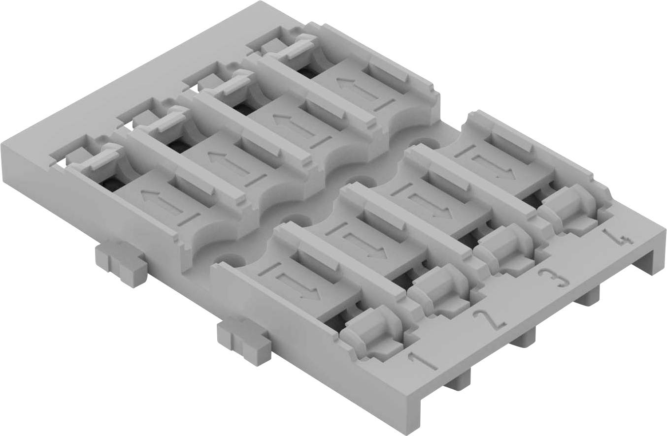 Pièce rectangulaire grise en plastique avec des emplacements numérotés de 1 à 6, adaptée pour recevoir des composants électroniques.