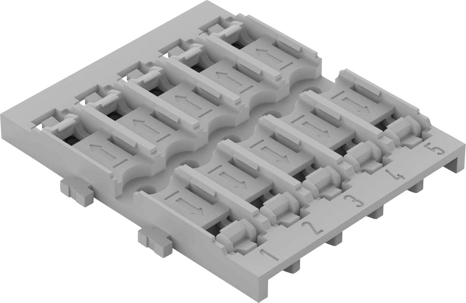 Module de connecteur électronique gris avec huit bornes numérotées, marquées de flèches.