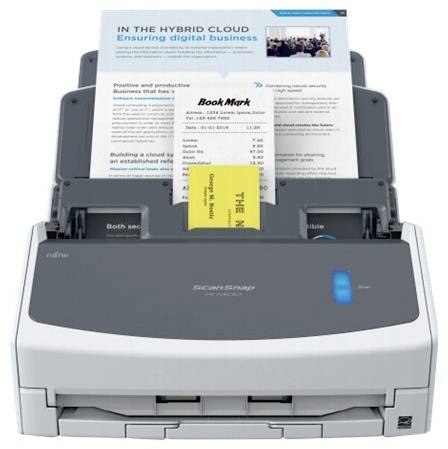 Un scanner numérise un document intitulé 'IN THE HYBRID CLOUD'. Plusieurs documents sont chargés dans le chargeur automatique.