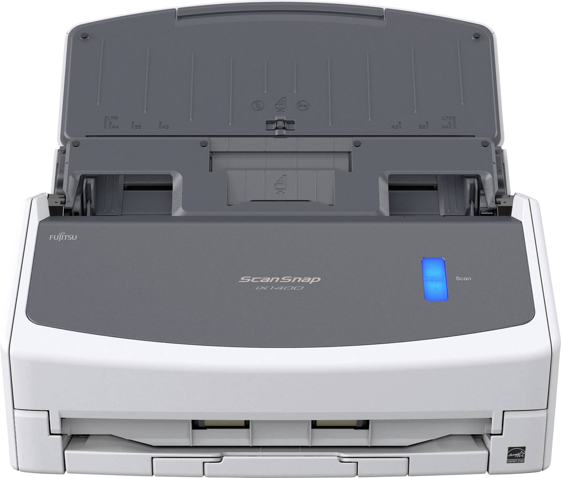Un scanner dans un boîtier gris et blanc avec un bouton bleu rétroéclairé, adapté à la numérisation de documents.