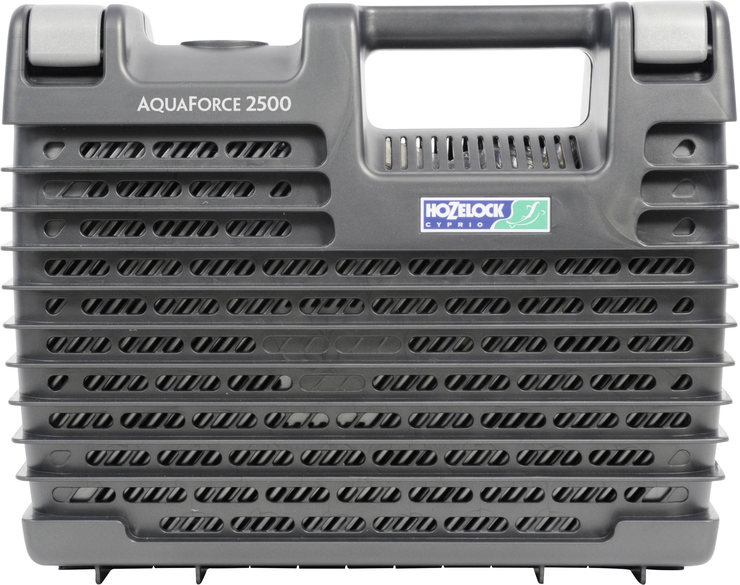 Une pompe noire portant l'inscription 'Aquaforce 2500' et un logo Hozelock au centre. Elle présente un design ergonomique.