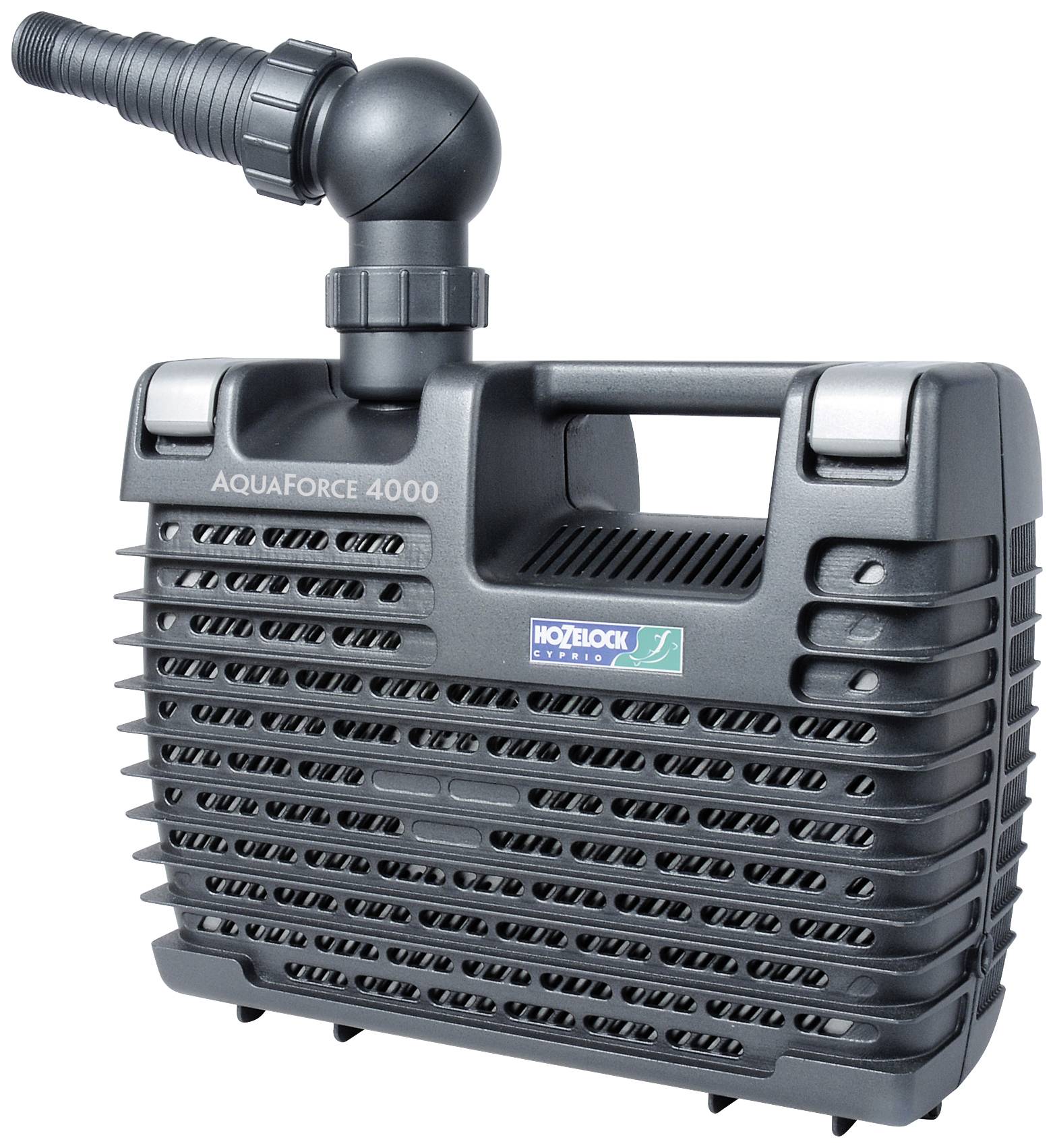 Pompe 'AquaForce 4000' de Hozelock, noire, avec poignée et sortie coudée, adaptée aux installations de filtration pour bassin ou eau.