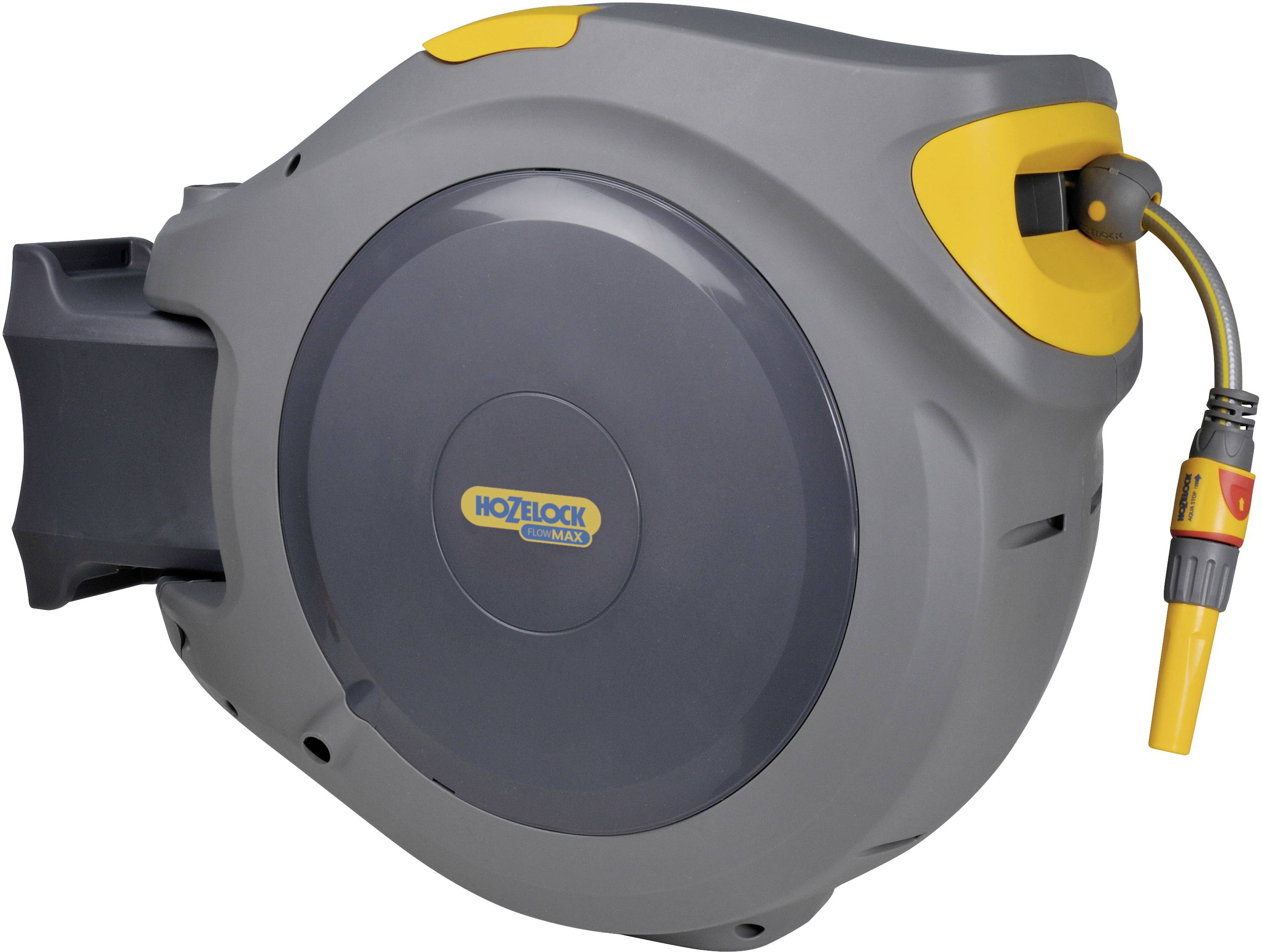 Une boîte automatique de tuyau d'arrosage grise et jaune avec un embout de tuyau, adaptée au rangement ordonné des tuyaux de jardin.