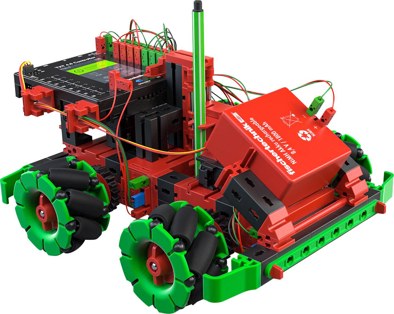 Un robot rouge et vert à roues et câbles apparents, construit à partir de pièces modulaires. Il est adapté pour des expériences techniques.